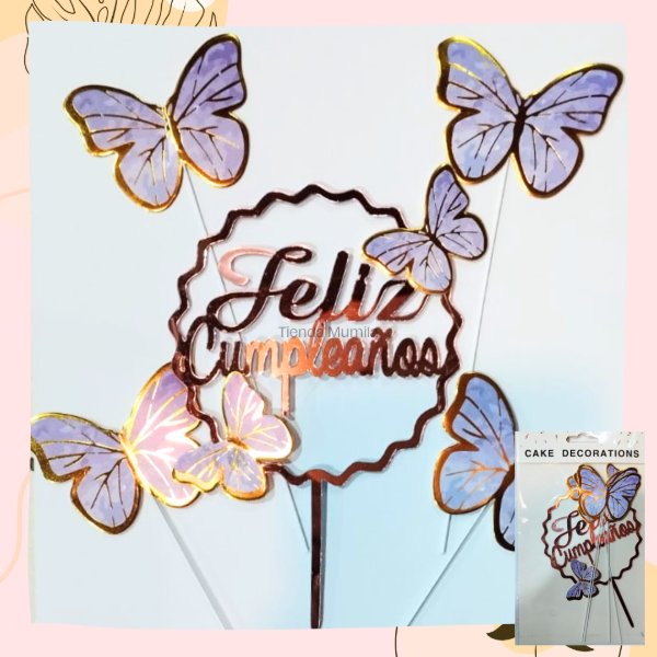 Producto - Topper Feliz cumpleaños con mariposas Lila