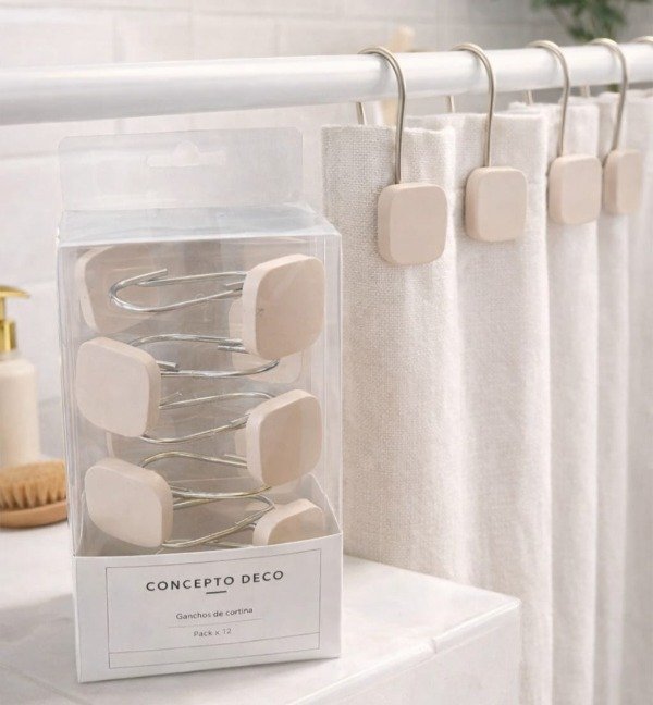 Producto - Ganchos para cortina de Baño Resina Natural Cuadrado Concepto Deco