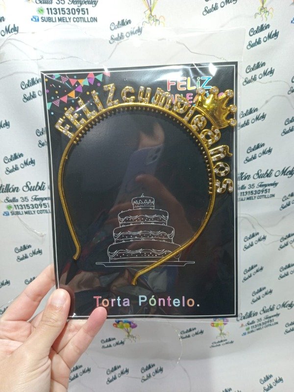 Producto - VINCHA FELIZ CUMPLEAÑOS PRINCESA STRASS DORADA