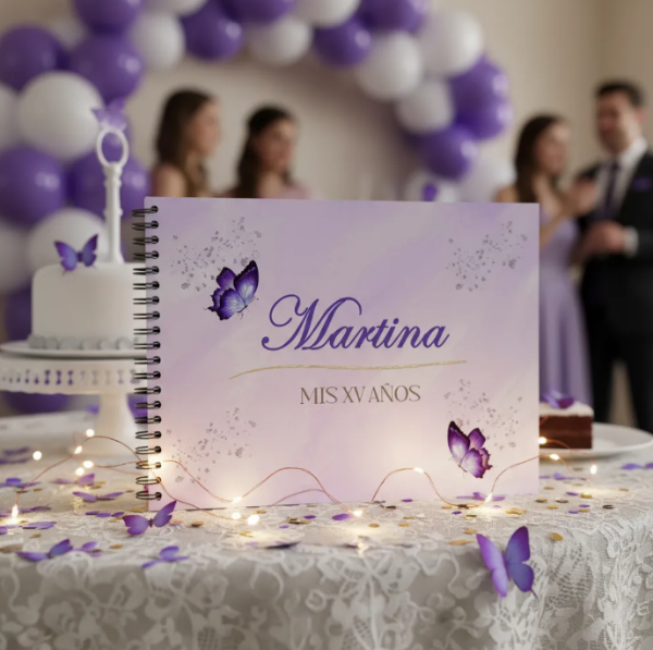 Producto - Kit Imprimible Libro De Firmas Mis 15 años Mariposas Lilas