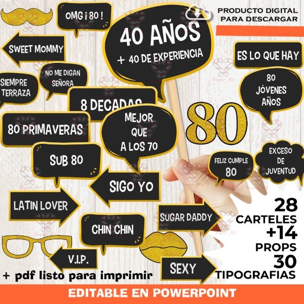 Producto - Kit Imprimible 80 años Photo Props Cartelitos Editable y Pdf