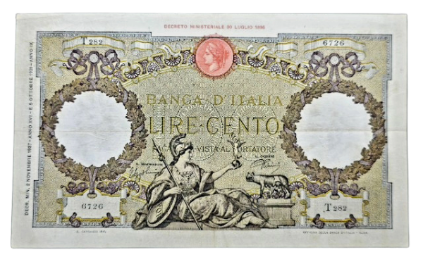 Producto - Italia 100 Liras (1937) Vittorio Emanuele III (Roma con lanza) Pick.55 VF