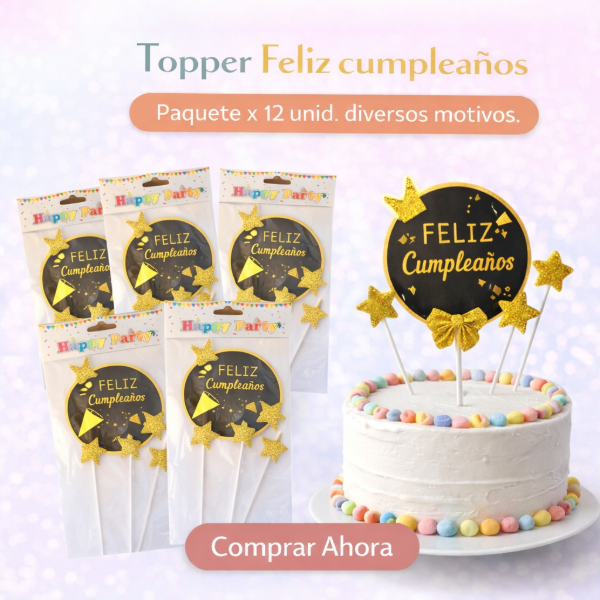 Producto - Topper Feliz cumpleaños negro/dorado Paq. x 12 unidades modelos surtidos