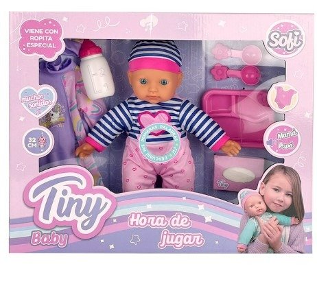 Producto - BEBOTE TINY CON ROPA EXTRA 6 ACCESORIOS Y SONIDOS 32CM