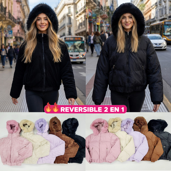 Producto - Campera de Abrigo Reversible Mujer Engomada Impermeable Piel Capucha Desmontable