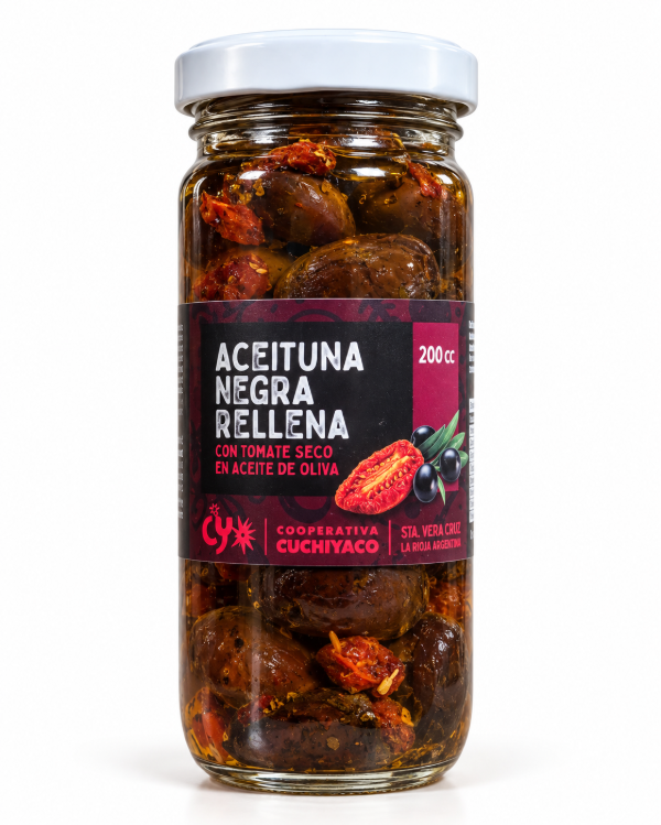 Producto - Aceitunas Negras Rellenas con Tomate seco 200cc - Agroecológicas