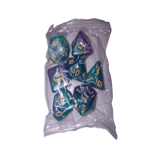 Producto - Set de 7 Dados - Verde y Violeta Glitter