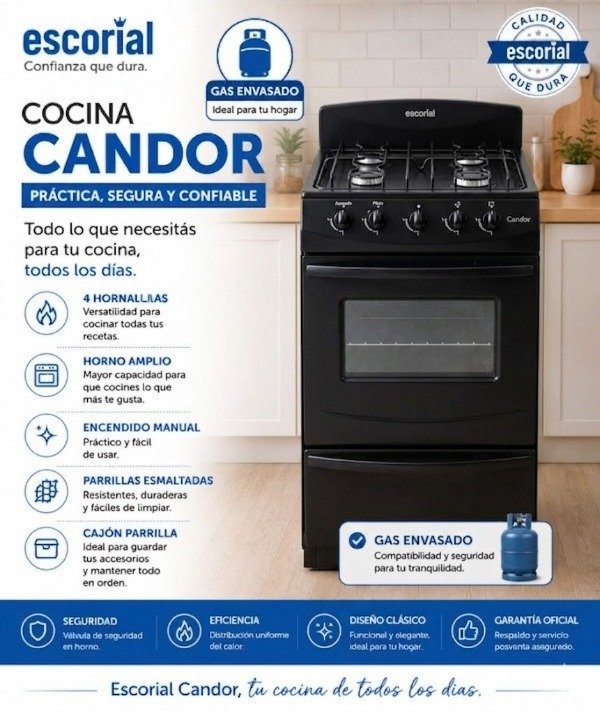 Producto - COCINA ESCORIAL CANDOR (GAS ENVASADO) NEGRA