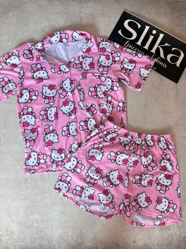 Pijama camisero algodón elastizado HELLO KITTY moños rosa