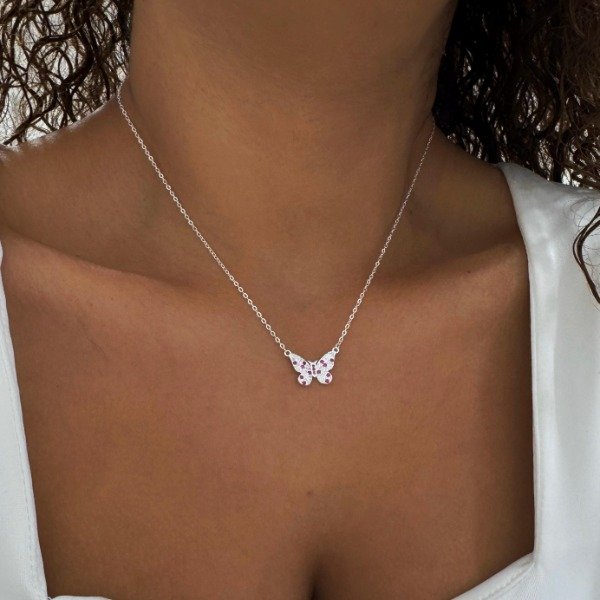 Producto - CONJUNTO PLATA MARIPOSA BRILLOS FUCSIA Y BLANCO