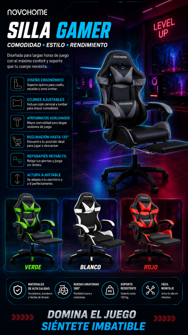 Producto - SILLA GAMER CON APOYA PIES NOVOHOME