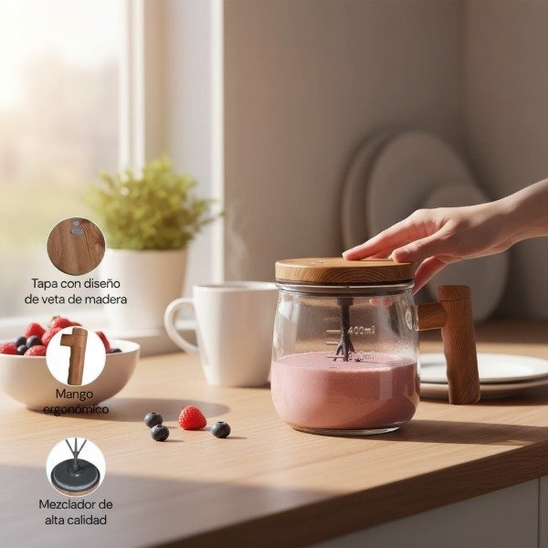 Producto - TAZA VIDRIO MEZCLADORA 400 ML USB CAFE LECHE HUEVO ASA MADERA