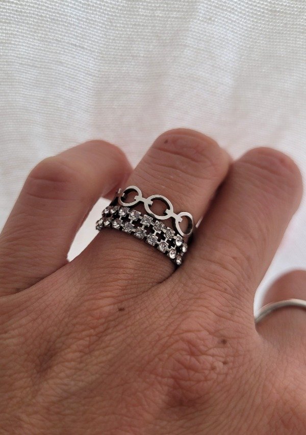 Producto - Anillo triple fila strass cuadrados y círculos AQ