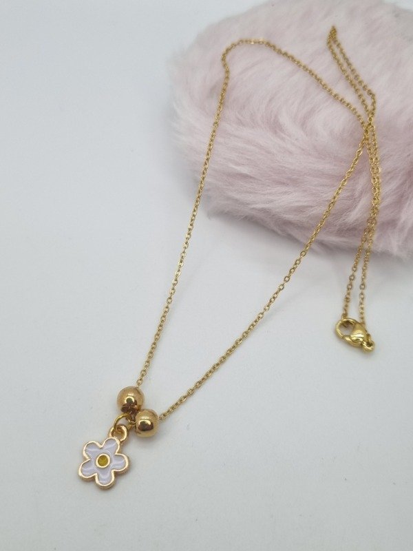 Producto - Cadena acero dorado pelotitas dije flor esmaltada