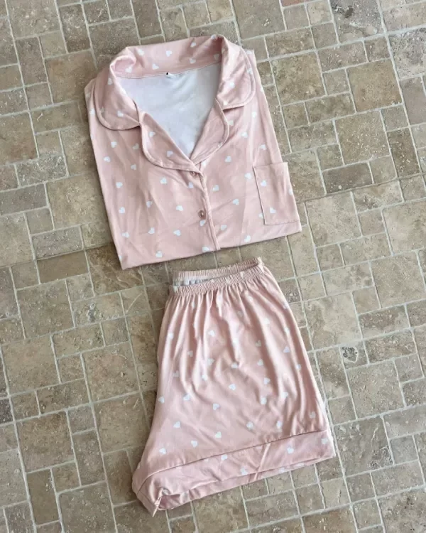Producto - Pijama camisero corto - Rosa nude con corazones - 0