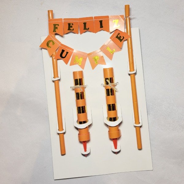 Producto - Set banderines FELIZ CUMPLE + bengalas naranja y dorado