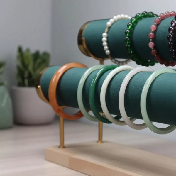 Producto - Exhibidor Porta Reloj Pulsera Doble Tubo Base Madera Verde