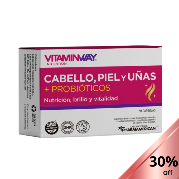 Producto - (PROMO 30 OFF) Cabello Piel y Uñas + Probioticos X30 caps VITAMINWAY