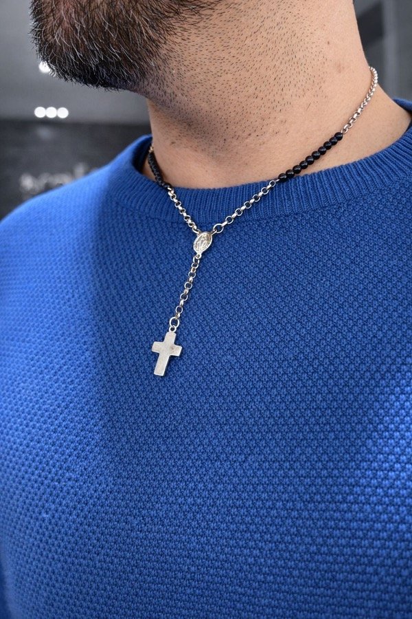 Producto - Rosario de plata con bolitas azul marino