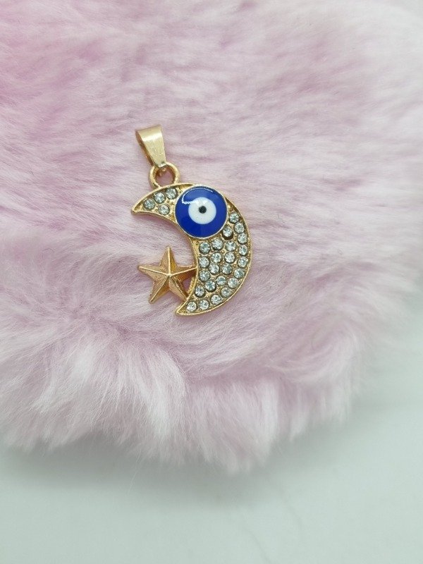 Producto - Dije acero dorado luna strass ojo turco con estrella