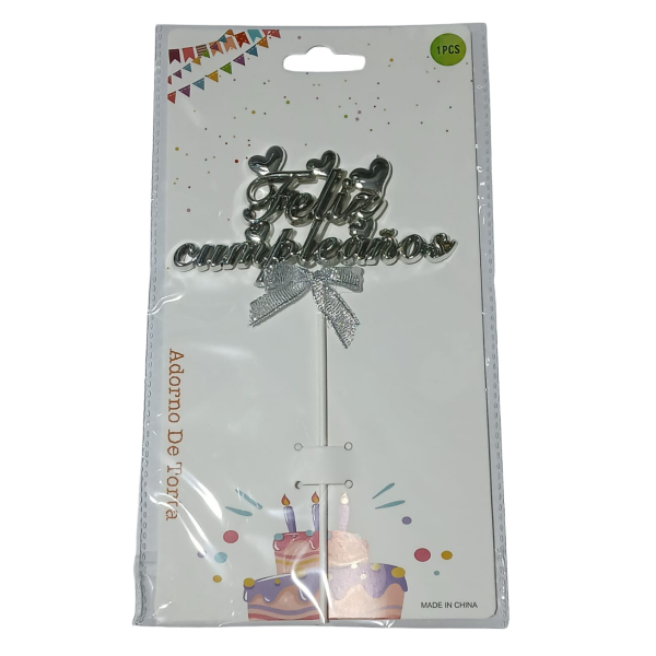 Producto - Cake topper Feliz cumpleaños corazones plateado