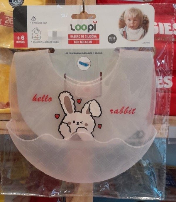Producto - Babero silicona con bolsillo loopi estampado conejito