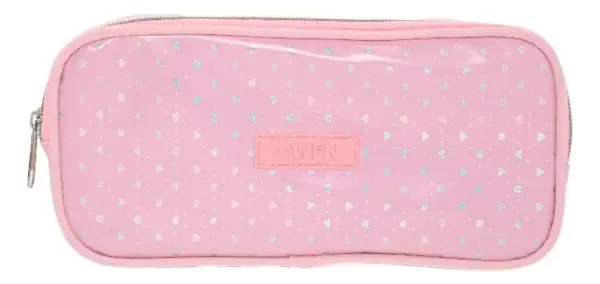 Producto - Cartuchera Escolar Owen 2 Compartimentos Rosa Corazones Plateados