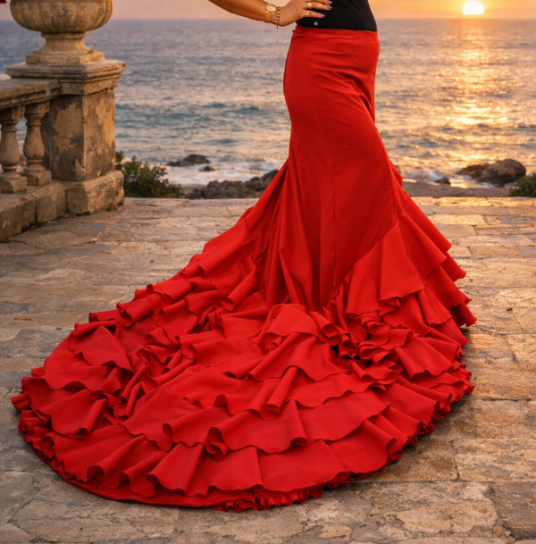 Producto - BATA DE COLA ROJA ELASTIZADA CON VOLADOS EN ROJOS COMBINADOS.TM/L