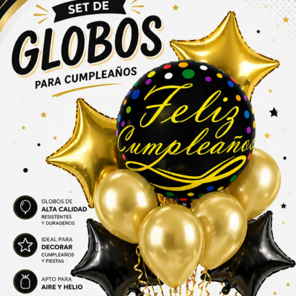 Producto - SET GLOBOS - FELIZ CUMPLE NEGRO Y ORO