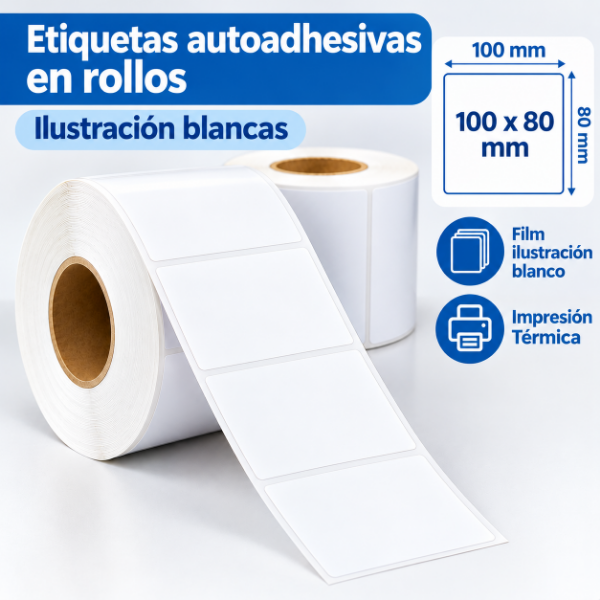 Producto - Rollos Etiquetas Autoadhesivas Ilustración Blancas - 100 x 80 mm x 600 unidades