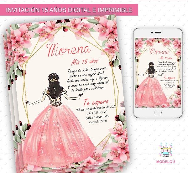 Producto - Invitación 15 años Digital e Imprimible Muñeca Flores M5