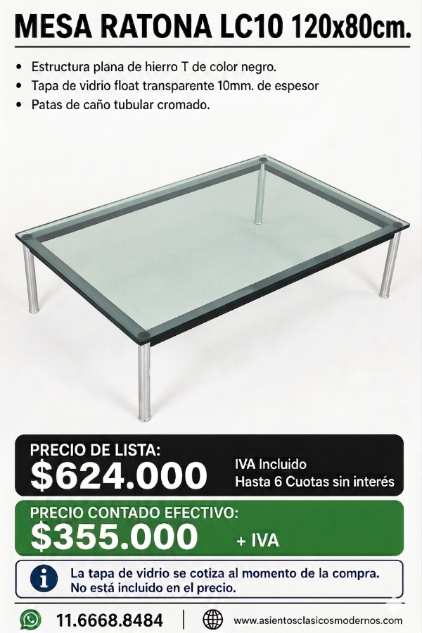 Producto - Mesa Ratona LC10 120x80, Patas Tubular Cromadas, Sin Vidrio!!