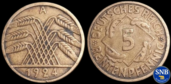 Producto - Alemania - República de Weimar - 5 Pfennig (1924 A) KM #39 [VF]