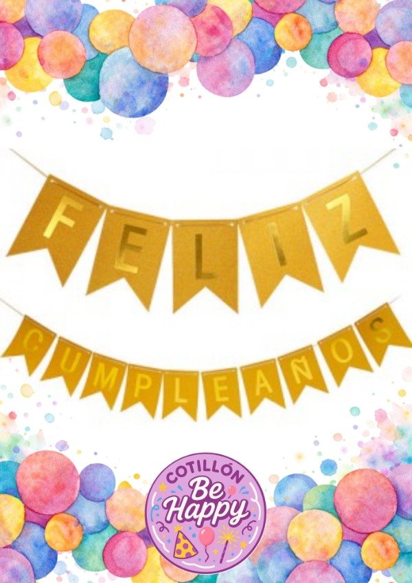 Producto - BANDERIN FELIZ CUMPLEAÑOS GLITTER DORADO LETRAS PLATA
