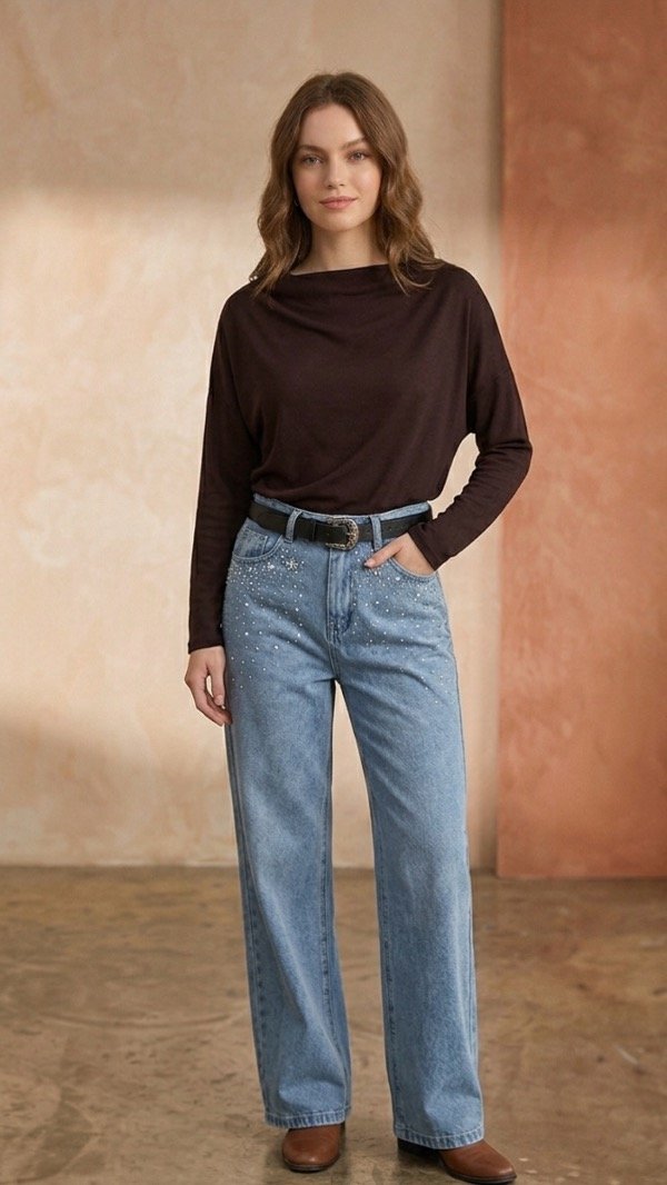 Producto - Jeans Wideleg celeste strass MC