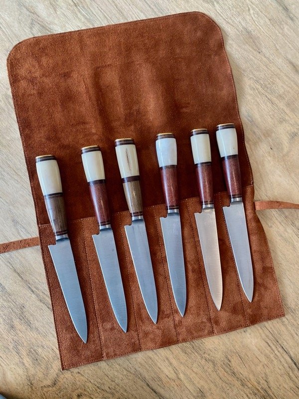 Producto - 055 - PAÑO 6 piezas - Cuchillos Combinados Madera Hueso - Dagger x 14cm