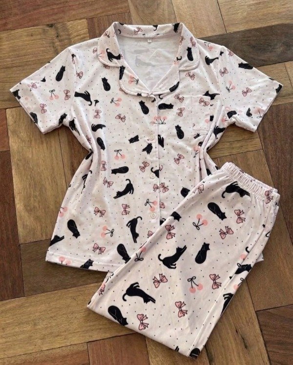 Producto - Pijama camisero largo mangas cortas - Blanco con gatitos - 2