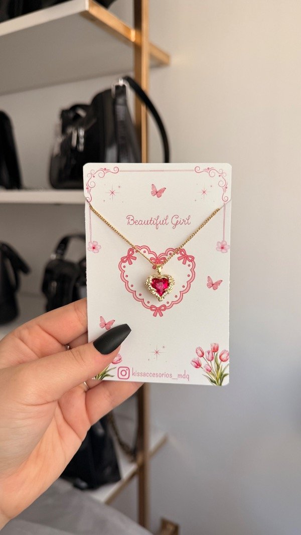 Producto - Collar con corazones rosa - Acero dorado - 0