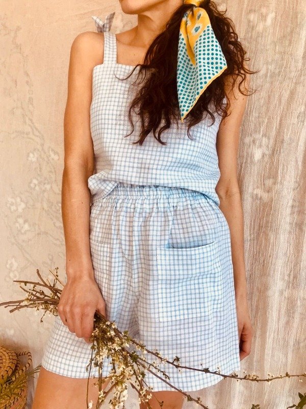 Producto - Short Lino Cuadrillé Celeste.