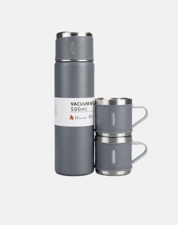 Producto - Set Termo y Vasos Térmicos de Acero Inoxidable color Gris