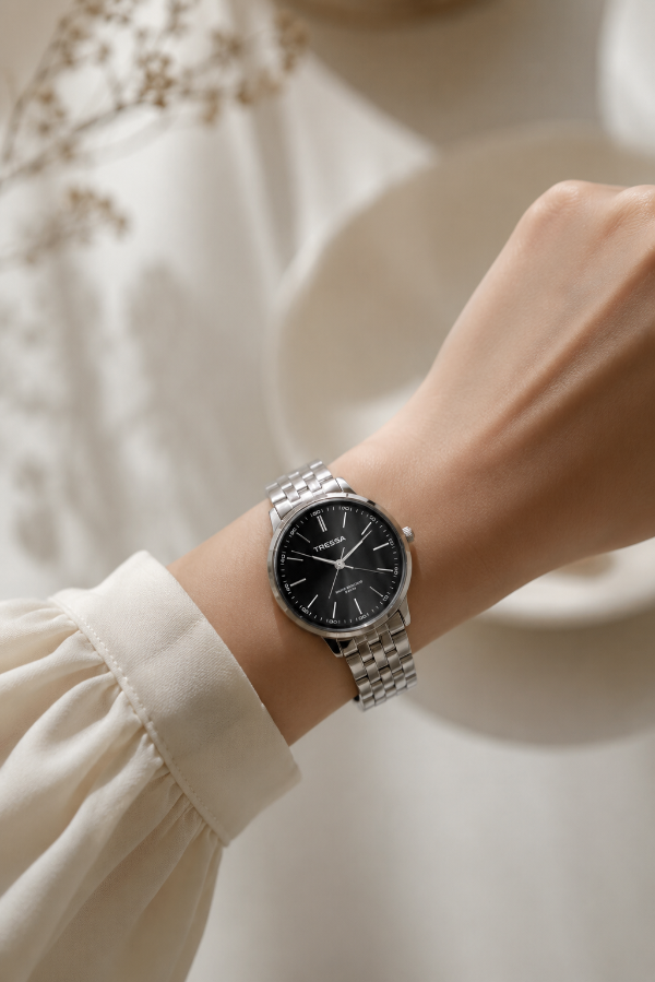 Producto - Reloj TRESSA fondo negro. Solo maya color plata - 0