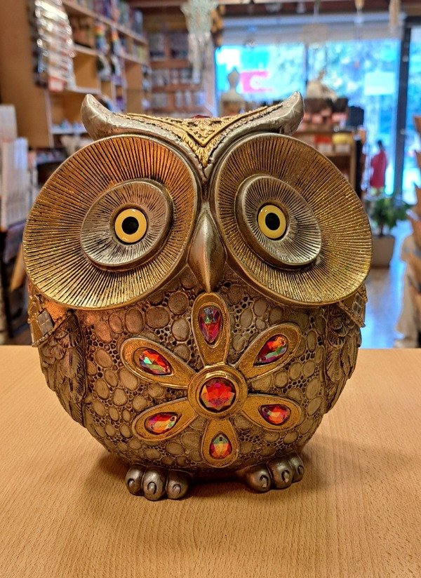 Producto - Lechuza decorada en plateado y dorado 20 cm