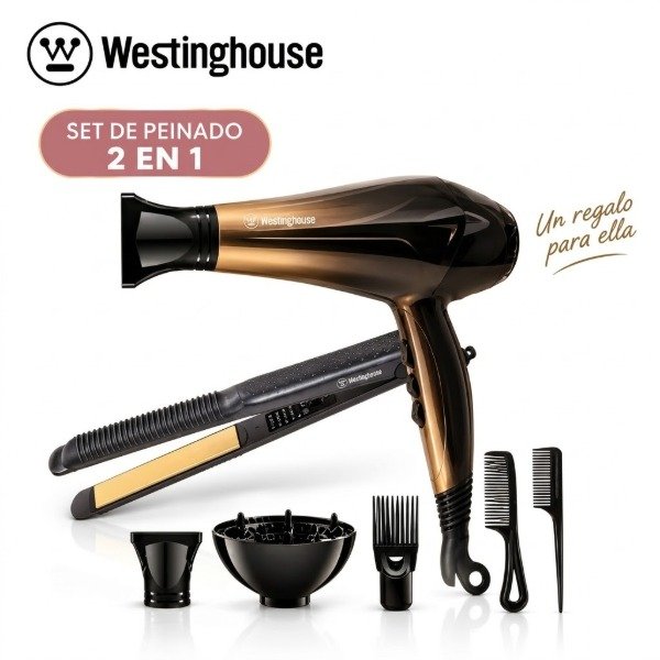 Producto - SET WESTINGHOUSE 2 EN 1 PLANCHITA + SECADOR DE PELO + ACCESORIOS
