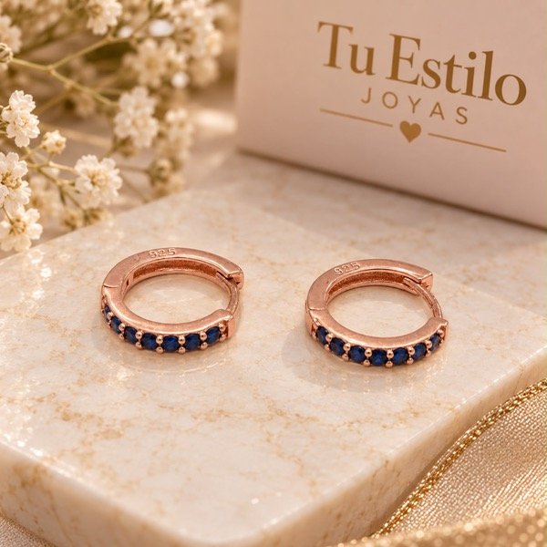 Producto - Aros argollitas cubic azul en Plata 925 Rose