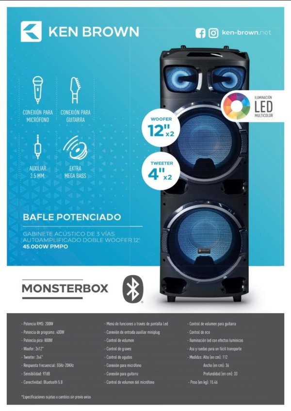 Producto - TORRE DE SONIDO KEN BROM MONSTERBOX 2 X 12" WOOFER 45.000PMPO