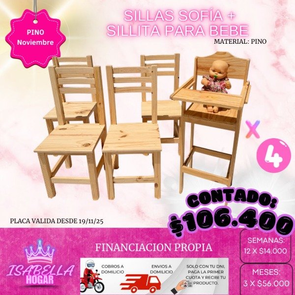 Producto - SILLAS SOFIA DE PINO X4 Y SILLITA PARA BEBE