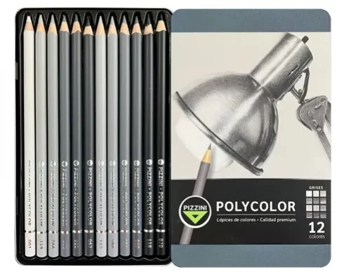 Producto - Lápices de Colores Pizzini Polycolor premium GRISES x12 estuche metálico