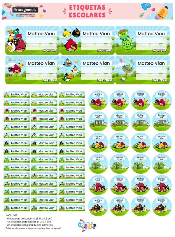 Producto - Etiqueta Escolar en Papel Autoadhesivo - Angry Birds