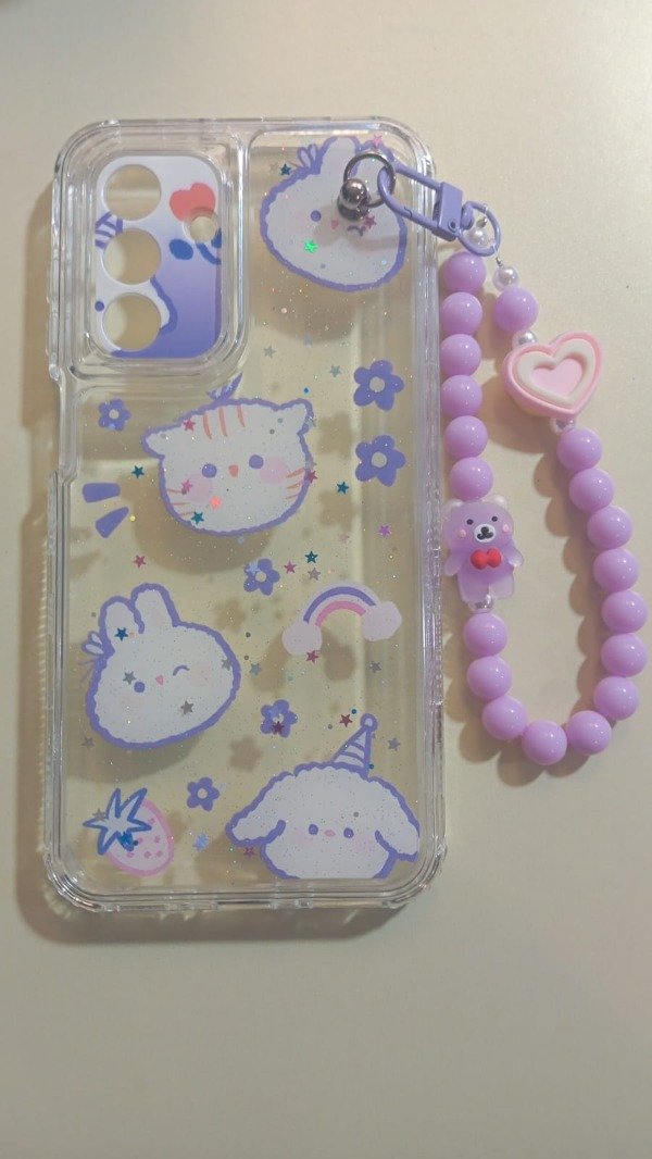 Producto - Funda Transparente Diseño Con Glitter y Cadena Conejitos para Samsung A26