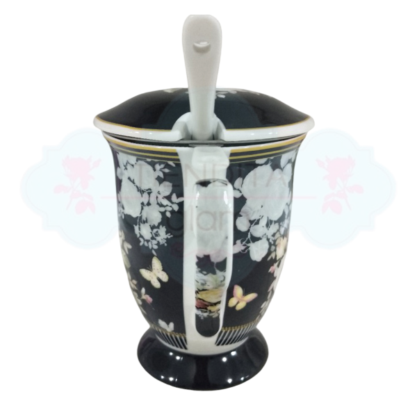 Producto - TAZA DE PORCELANA NEGRA CON FILTRO Y CUCHARA CON FLORES 300 ML - 3